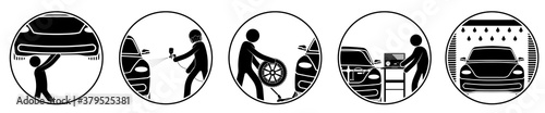 stick man, repairman repairs car in workshop. Maintenance of technical condition of machine, inspection before sale. Painting, tire and oil change, diagnostics, car wash. Set of vector icons