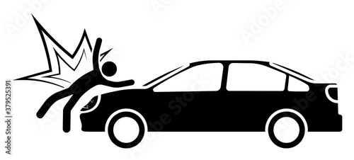 car hit a stick man pedestrian at crosswalk. Impact, car accident damage. Life and health insurance. Safe driving. Vector