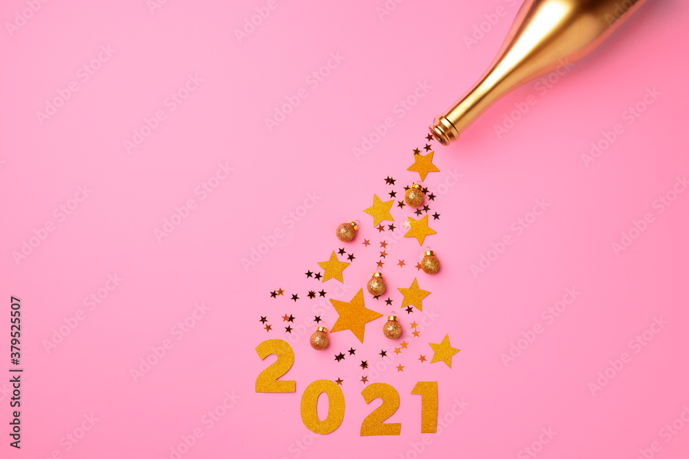 Champagne bottle with confetti flat lay top view Champagne bottle with confetti flat lay top view