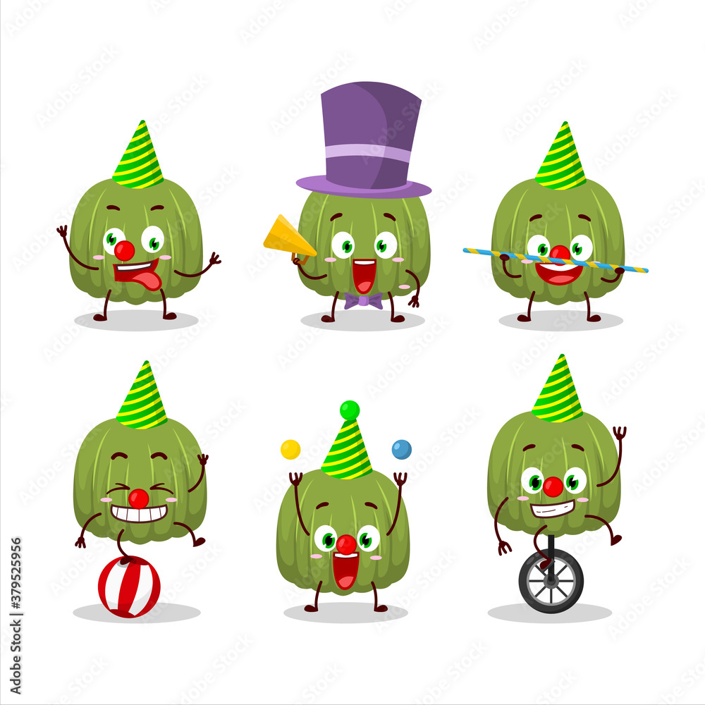 Cartoon character of green pumpkin with various circus shows Cartoon character of green pumpkin with various circus shows