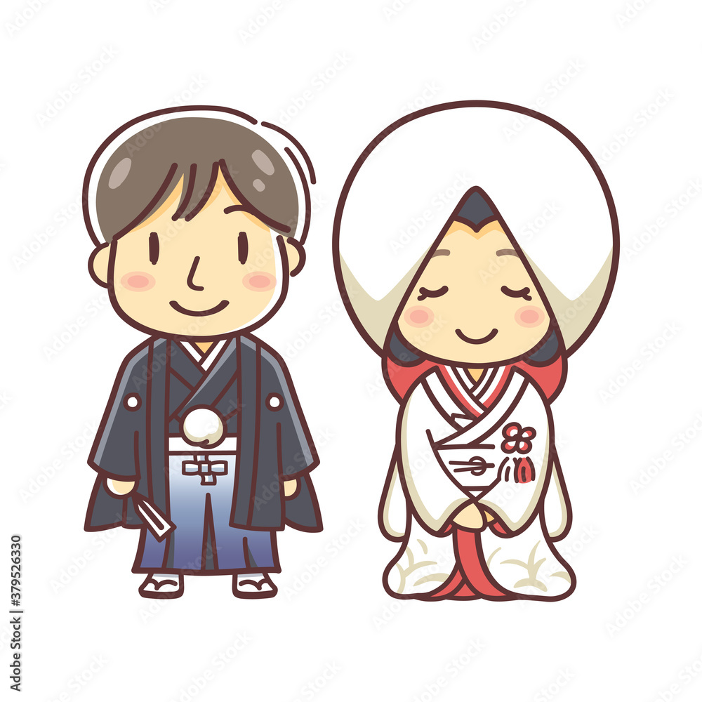 和装での結婚式のカップルのイラスト（白無垢赤ふきと袴）