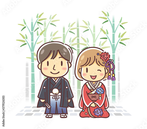 竹林を背景にした着物の男女のイラスト（色打掛と袴・ウエディング・和風イメージ）