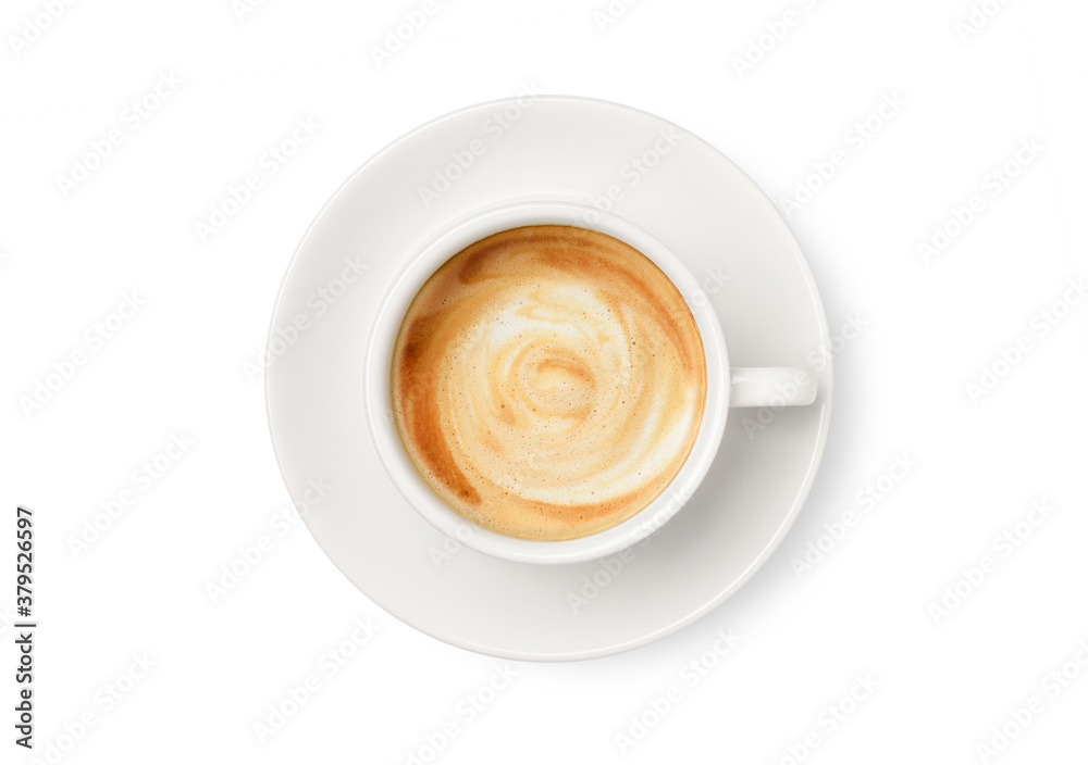 Top view of latte coffee in white cup  isolated on white background. Cllipping path. - obrazy, fototapety, plakaty 