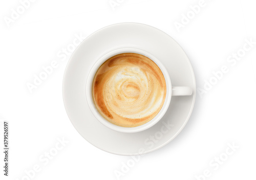 Top view of latte coffee in white cup isolated on white background. Cllipping path.