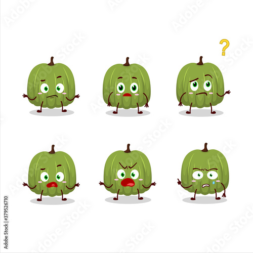 Cartoon character of green pumpkin with what expression