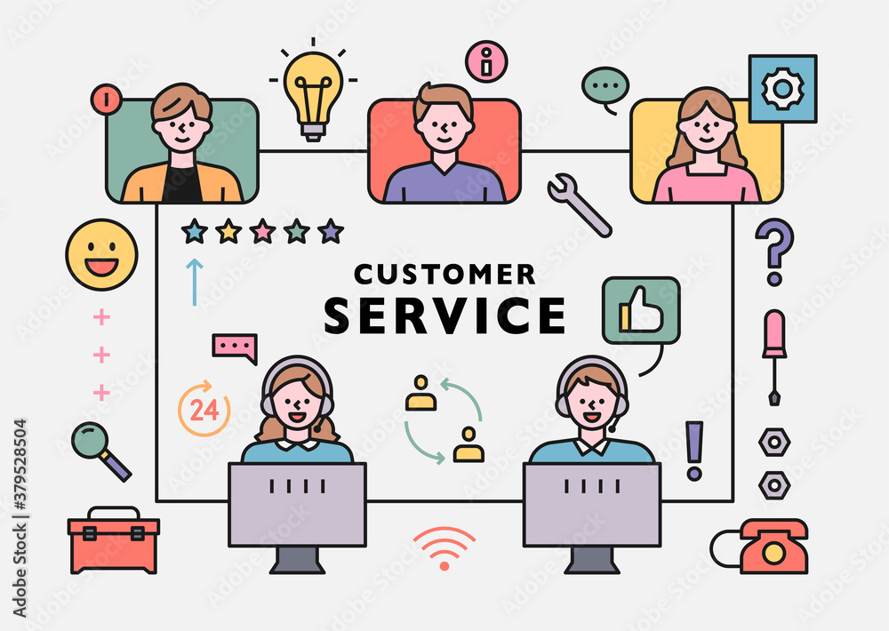 Customer service center staff and customer network. flat design style minimal vector illustration. Customer service center staff and customer network. flat design style minimal vector illustration.