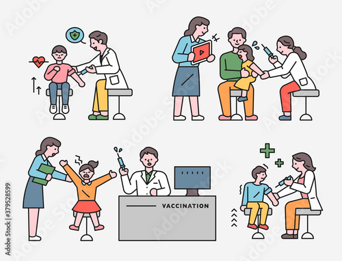 Children getting vaccination injections in the hospital. flat design style minimal vector illustration.