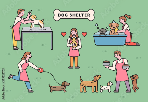 Dogs and volunteers at abandoned dog shelters. flat design style minimal vector illustration.