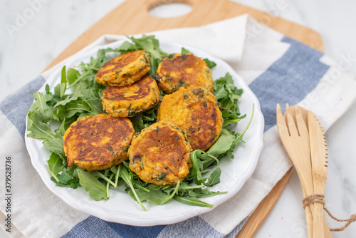 Homemade fried sweet potato cakes on a plate 