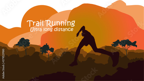 Trail running silhouettes. Vector illustration,Runner in mountain landscape 