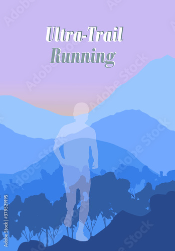 Trail running vector illustration Runner in mountain landscape 