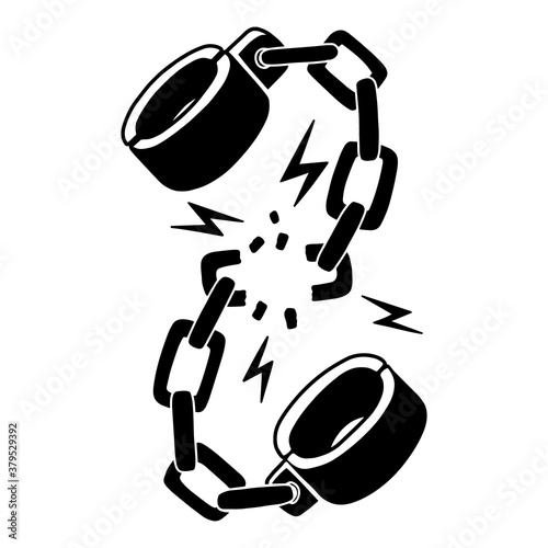 Illustration of Broken shackles in vintage monochrome style. Design element for logo, emblem, sign, poster, card, banner. Vector illustration photo