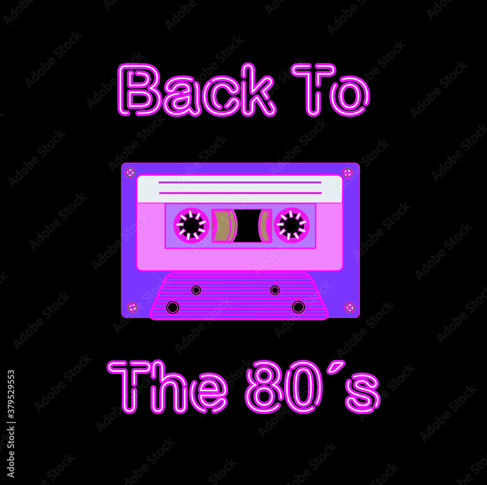 Retro tape recorder cassettes neon sign, symbol, light banner. Back to the 80s. Vector illustration