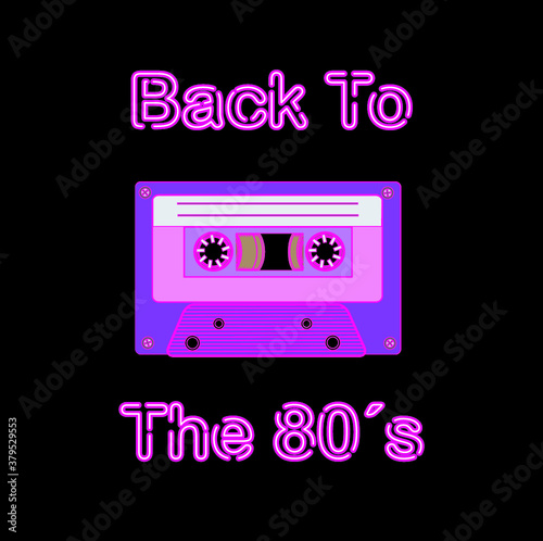 Retro tape recorder cassettes neon sign  symbol  light banner. Back to the 80s. Vector illustration