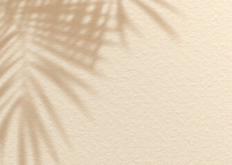 Brown cream clay mud grunge cement texture wall leaf plant shadow background.Summer tropical travel beach with minimal concept. Flat lay palm nature.