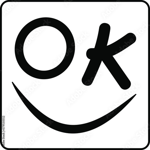 Smiley face mark uses the letters O K for eyes on a white background.