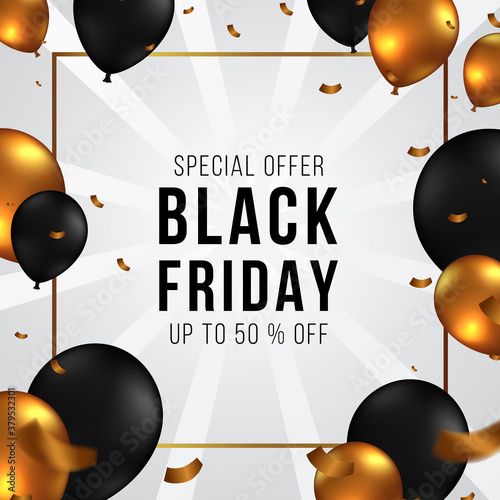 elegant black friday promotion sale offer banner with gold and black balloon with confetti.