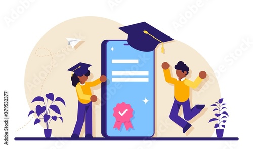 Online education with mobile phone. People and smartphone in square academic cap. Mobile version of the diploma. Modern flat illustration.