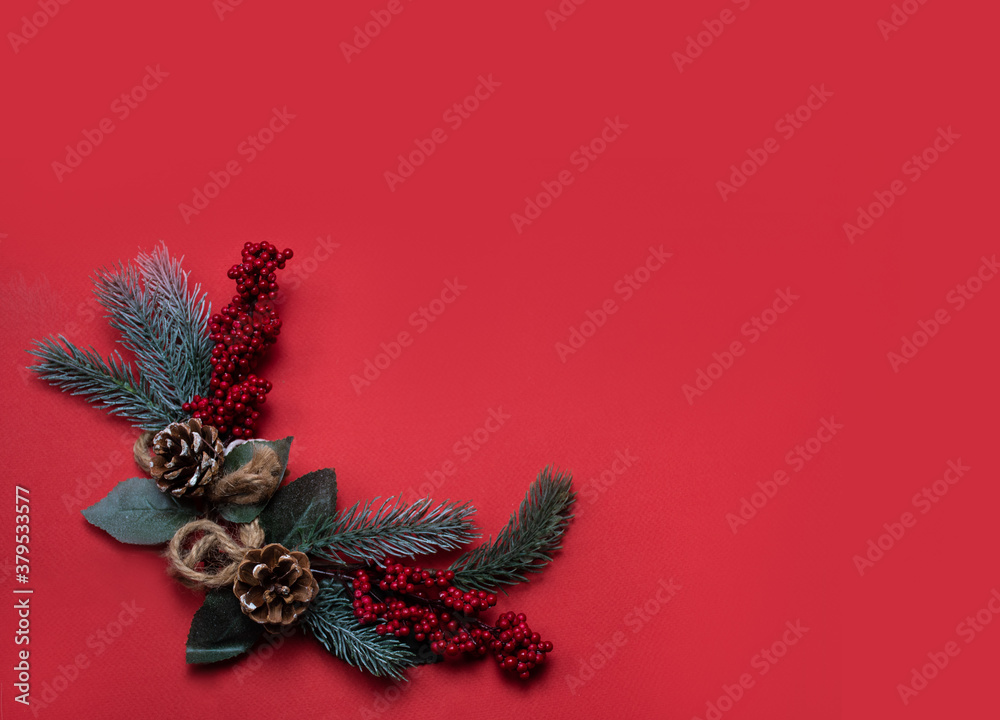 Christmas frame on a red background with fir branches and cones from the Christmas tree: top view, space for text