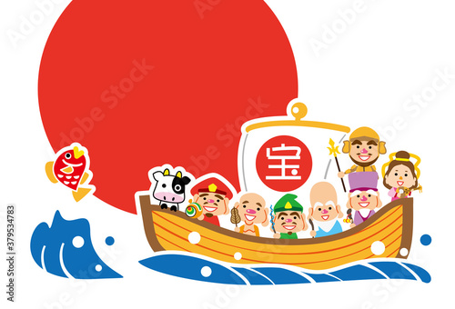丑年　日の丸　七福神の宝船　テンプレート
