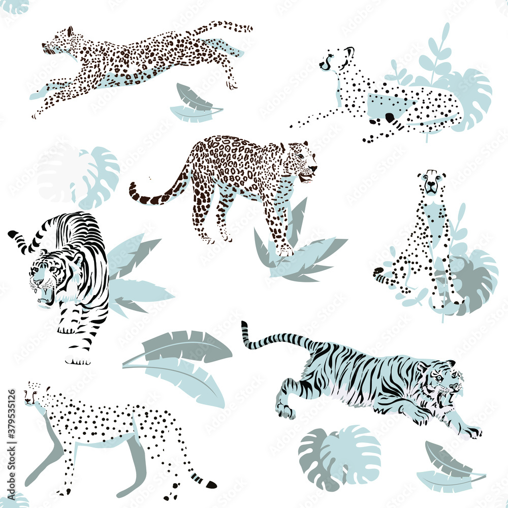 Naklejka premium Vector seamless pattern with predatory wild cats, tigers, leopards, cheetahs. For the design of postcards, fabrics and other