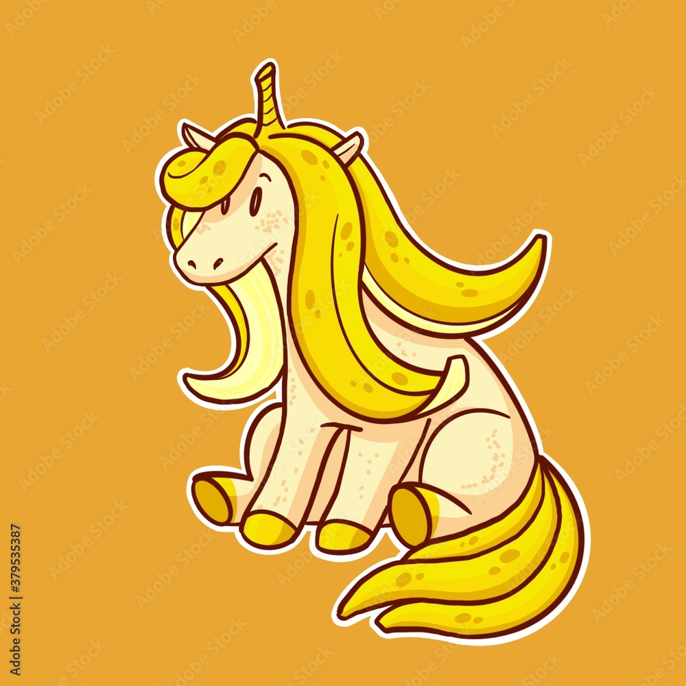 ภาพประกอบสต็อก Digital illustration of banana unicorn. Funny sticker