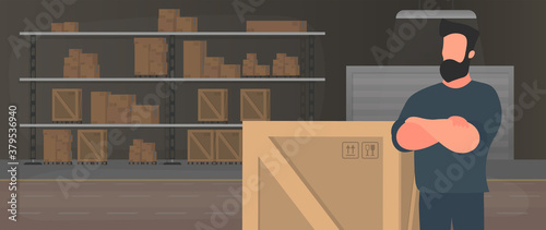 Large industrial warehouse with boxes. A man stands with a large wooden box. Large pallet. Delivery and transportation concept. Vector.
