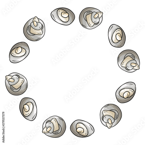 Canvas Print Sea pebble stones top view comic style doodle wreath