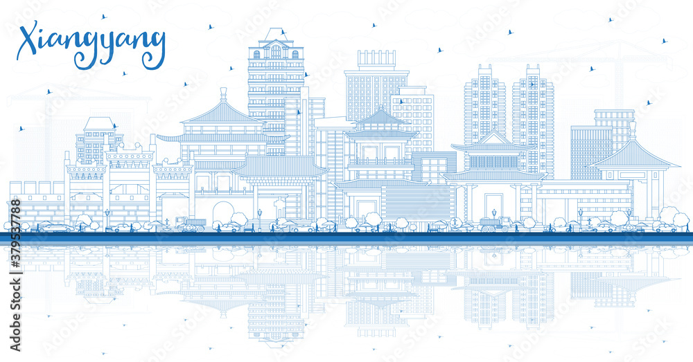 Outline Xiangyang China City Skyline with Blue Buildings and Reflections.