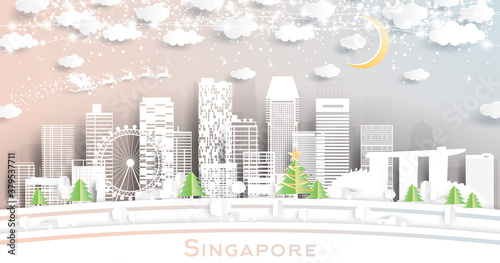 Singapore City Skyline in Paper Cut Style with Snowflakes, Moon and Neon Garland.