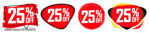 Set Sale 25% off banners, discount tags design template, lowest price, vector illustration