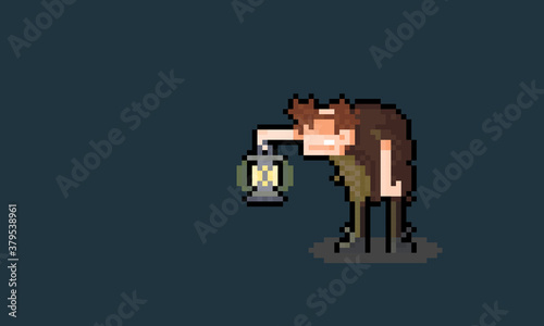 Pixel art cartoon igor character holding a lantern.
