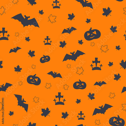 Halloween seamless pattern. Orange festive background with pumpkins, skulls, bats, spiders, ghosts, bones, candies, spider and bubble with boo