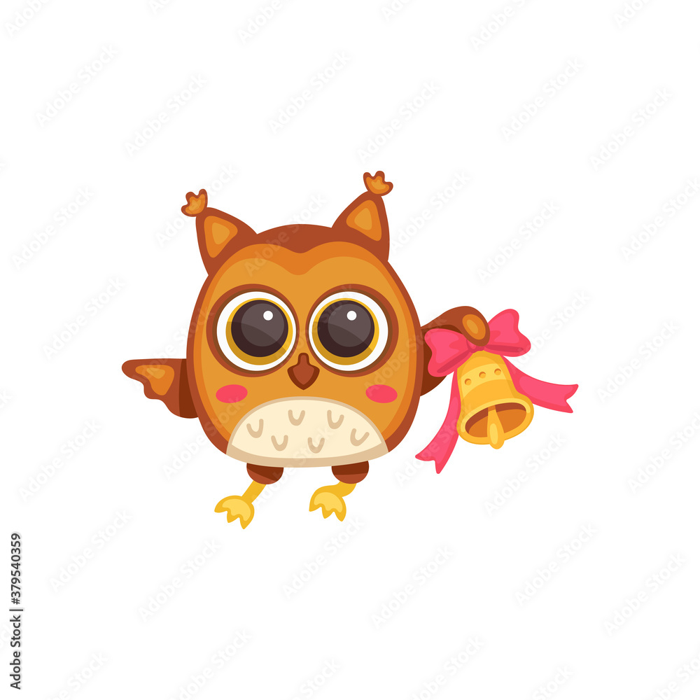 Vector illustration of a cute owl with a school bell.