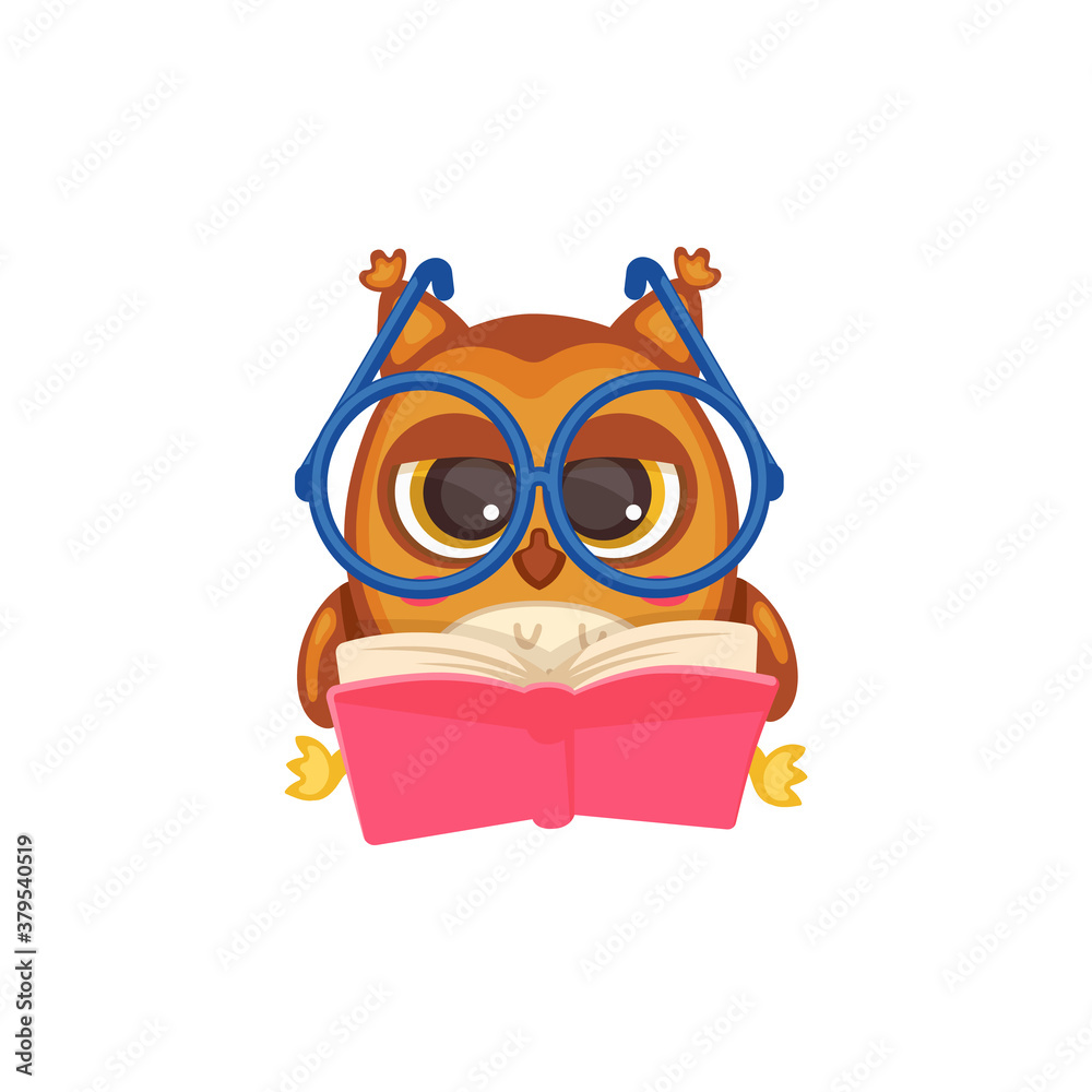 Cute owl reading a book. Wise smart cartoon bird in big glasses