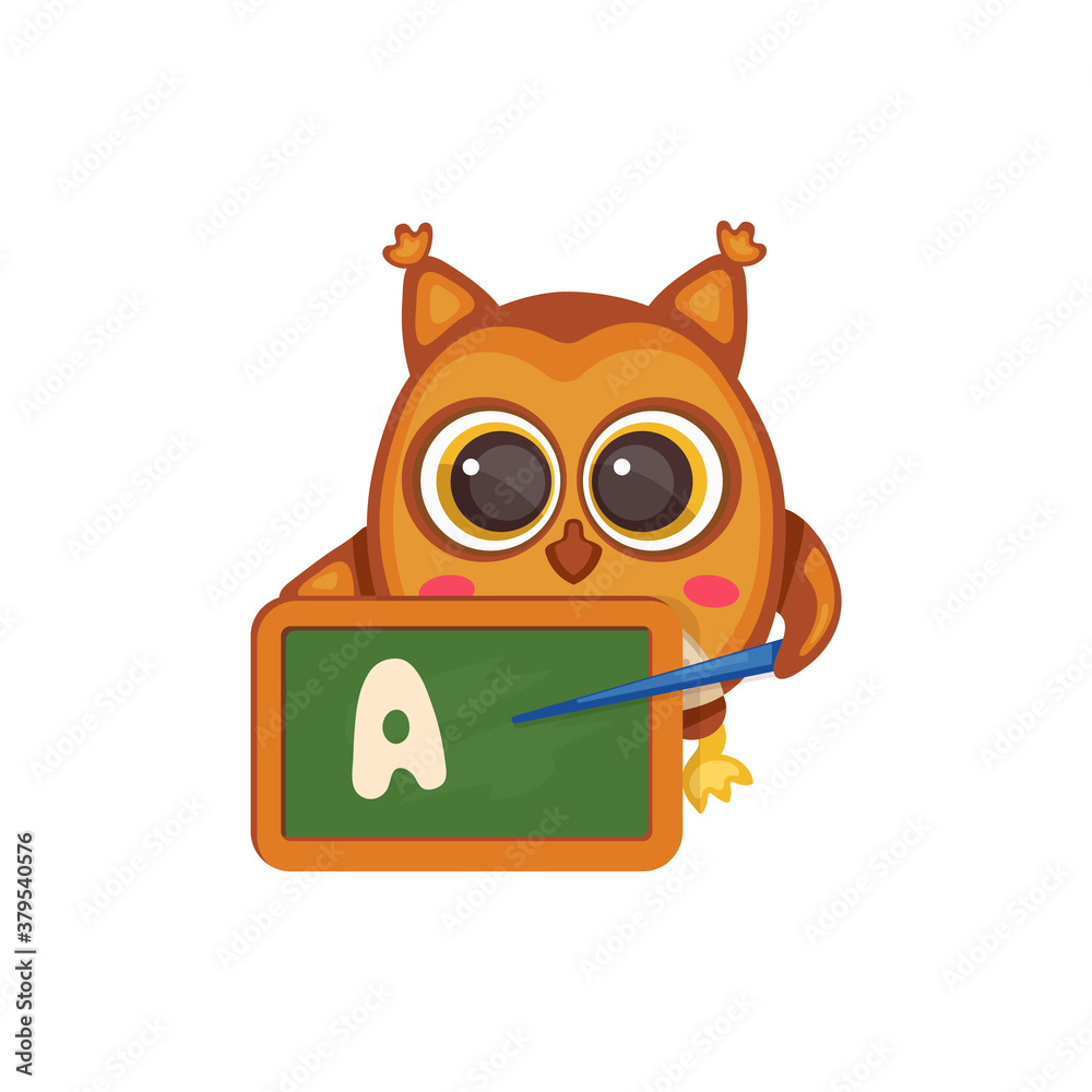 Cute cartoon owl with school teacher chalkboard teaching letter A