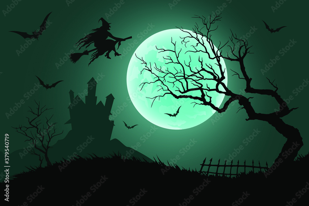 Halloween night background. Witch flying on a broomstick on the background of a full moon over the castle. Vector illustration