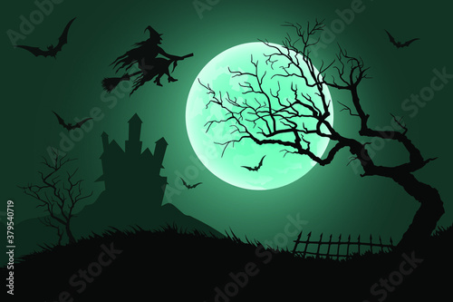 Halloween night background. Witch flying on a broomstick on the background of a full moon over the castle. Vector illustration