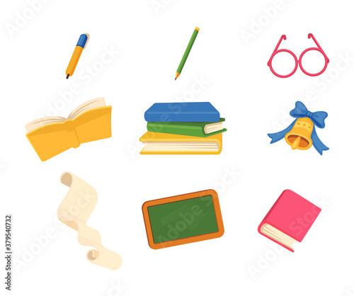 School education symbols or icons set of flat vector illustrations isolated.