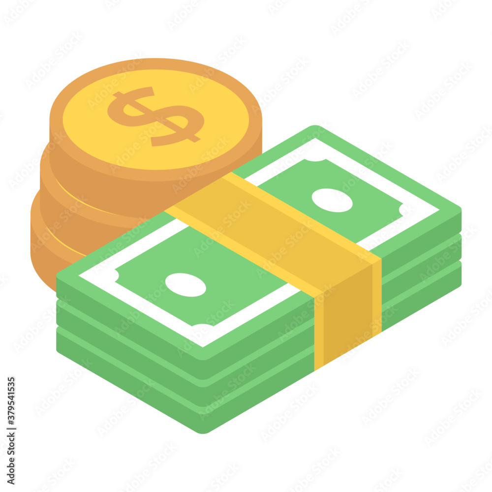 Dollar coins with banknote showing concept of money stack icon
Dollar coins with banknote showing concept of money stack icon