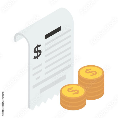 
Paper with dollar coins, invoice concept isometric icon
