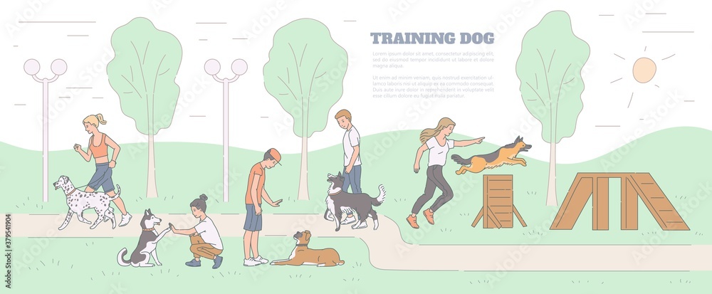 Training dog with pets and trainers on playground, sketch vector illustration.