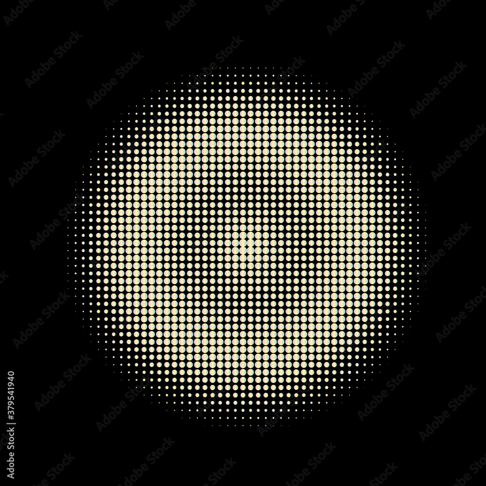 Halftone circles, halftone dots pattern, vector. White dots on black background. Monochrome half-tone. Circle halftone Dots, Fine Radial Gradient For Your Design.
