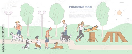 Training dog with pets and trainers on playground, sketch vector illustration.