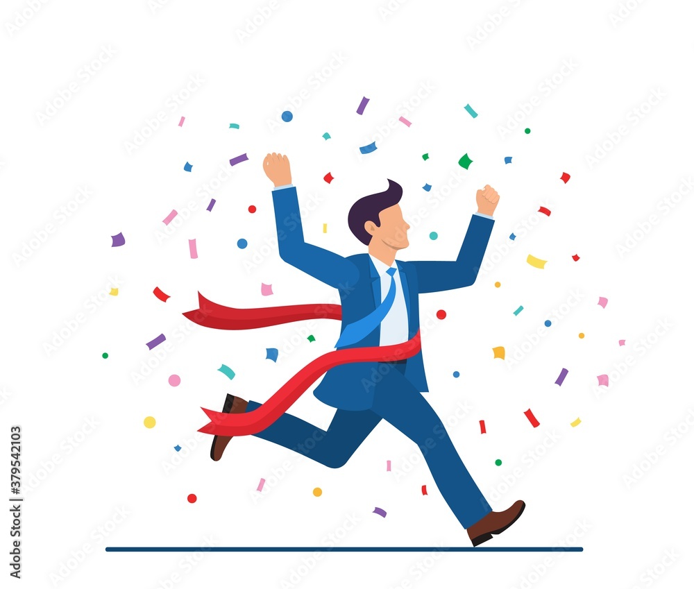 businessman crossing the finish line. Winner champion concept. Business leadership. Business Achievement. Successful Manager. Vector illustration in flat style.