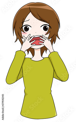 口元に手をあて焦っている様子の女性