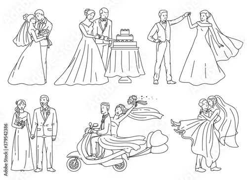 Fotografia Bride and groom on wedding day - outline drawing set for coloring book