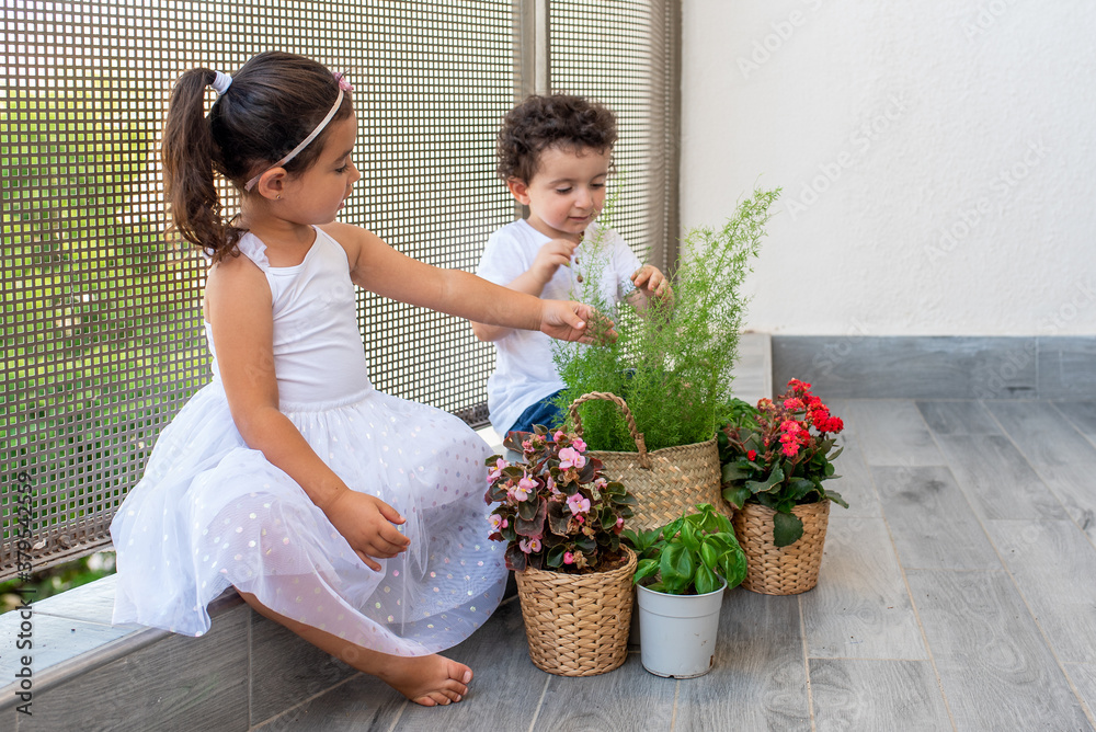 Two little happy children boy and girl taking care of plants in a trendy straw baskets and flower pots. Children in balcony with wonderful biophilic design. Focus on girl and flowers. Two little happy children boy and girl taking care of plants in a trendy straw baskets and flower pots. Children in balcony with wonderful biophilic design. Focus on girl and flowers.