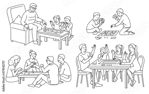 Line art set of people playing board games cartoon vector illustration isolated.