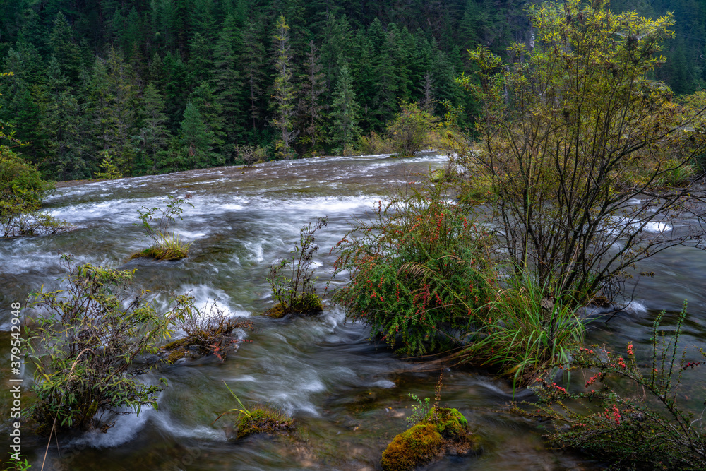 The small waterfalls at pearl beach, in Jiuzhai Valley Park, Sichuan, China.